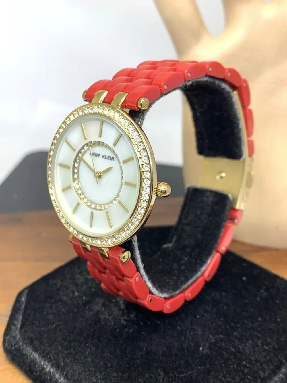 Anne Klein Women's Watch AK\2620 Quartz Mother of Pearl Dial Gold Red Resin 34mm